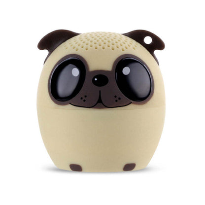 Beige pug-shaped Bluetooth speaker with large oval eyes and rounded ears