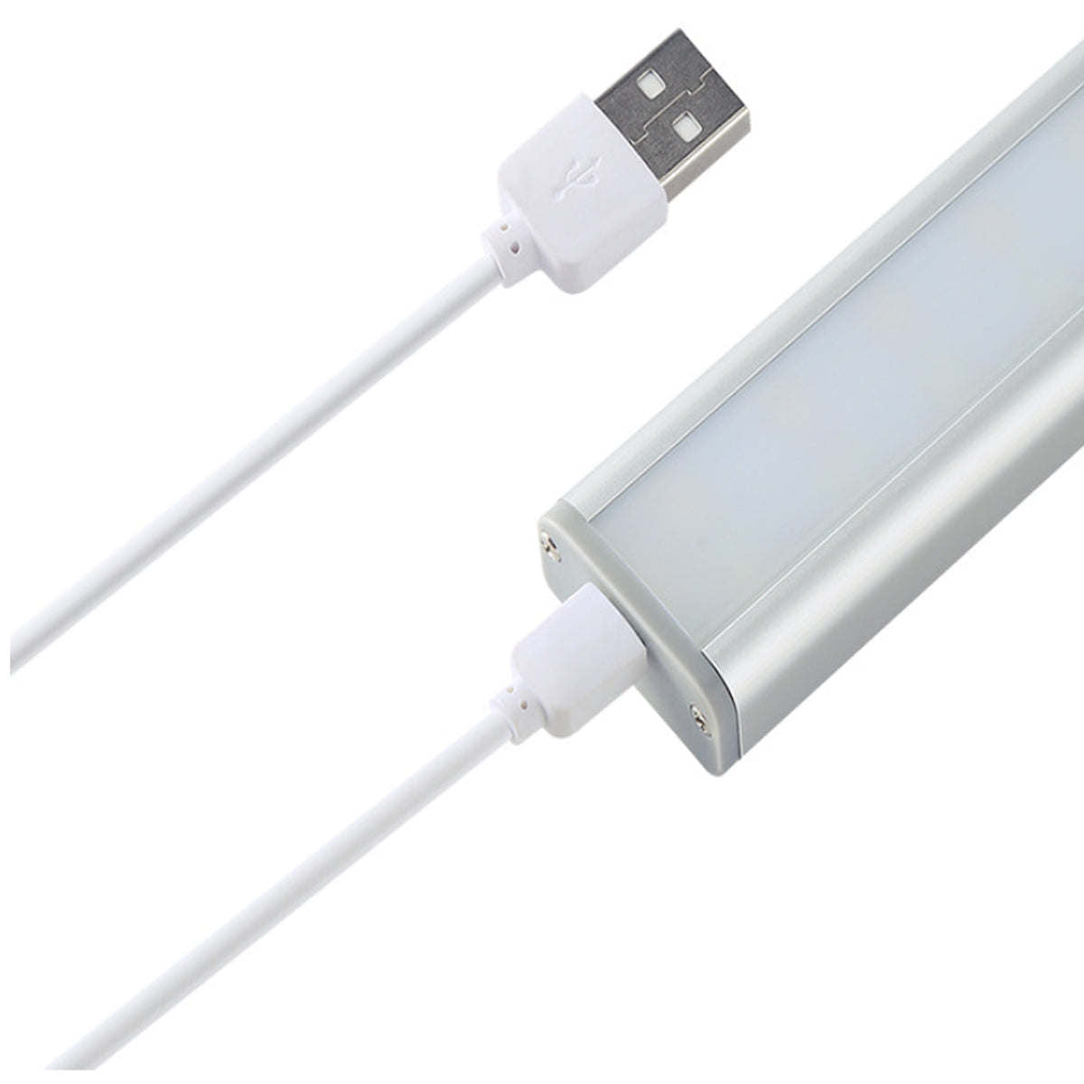 Rechargeable motion LED light bar showing USB connector on white cable