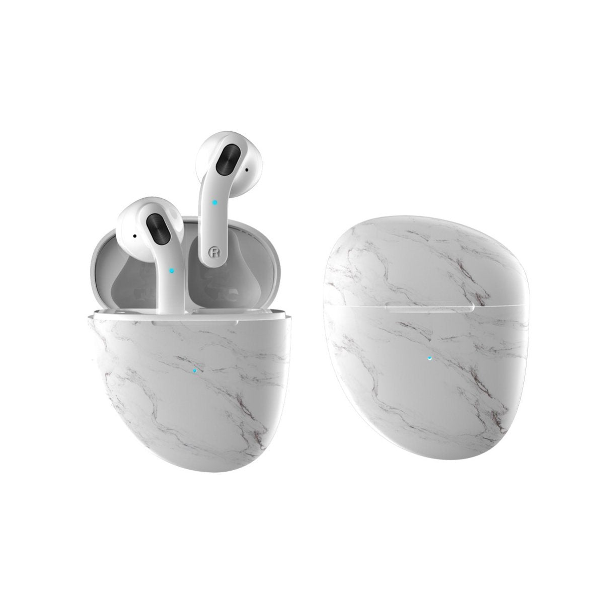 Marble-pattern charging case with two white Bluetooth earbuds, blue indicator lights