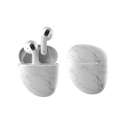 Marble-pattern charging case with two white Bluetooth earbuds, blue indicator lights