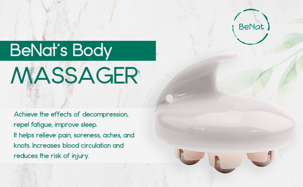 White rolling body massager disk with four stainless roller feet and curved handle