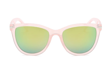 Cat-eye sunglasses with pink frames and green mirrored lenses