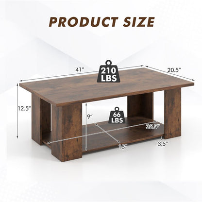 Large 41 Inch 2-tier Wooden Modern Coffee Table with Storage Shelf living room table