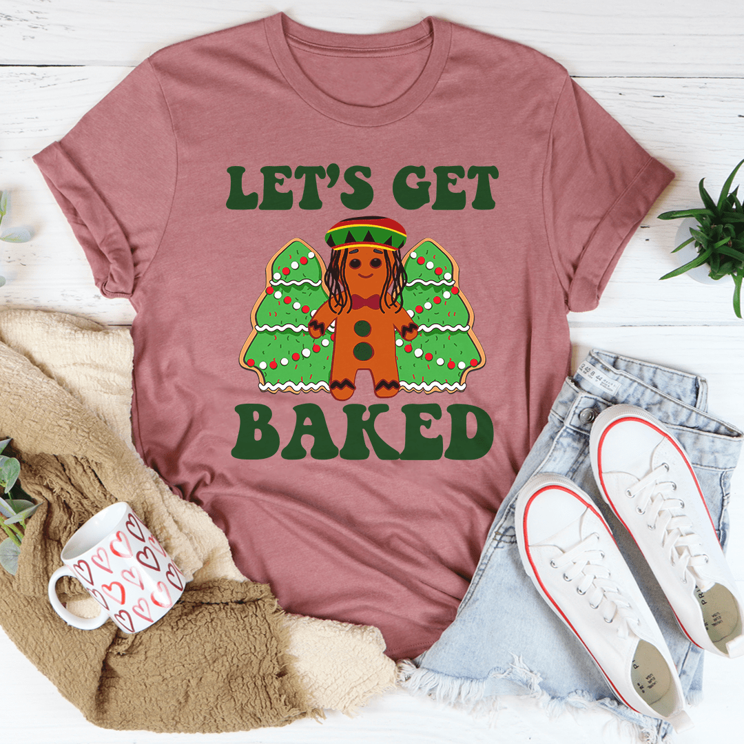 Mauve T-shirt with green 'Let's Get Baked' gingerbread graphic, crew neck