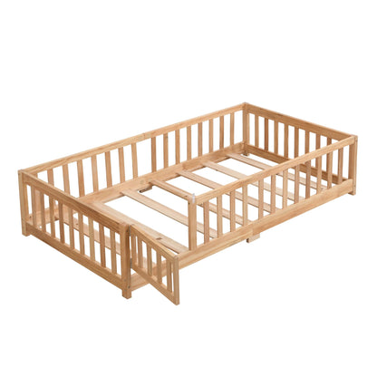 Full Size Floor Bed with Door, Solid Wood Platform Bed Frame with Fence, Suitable for children, Pine Wood