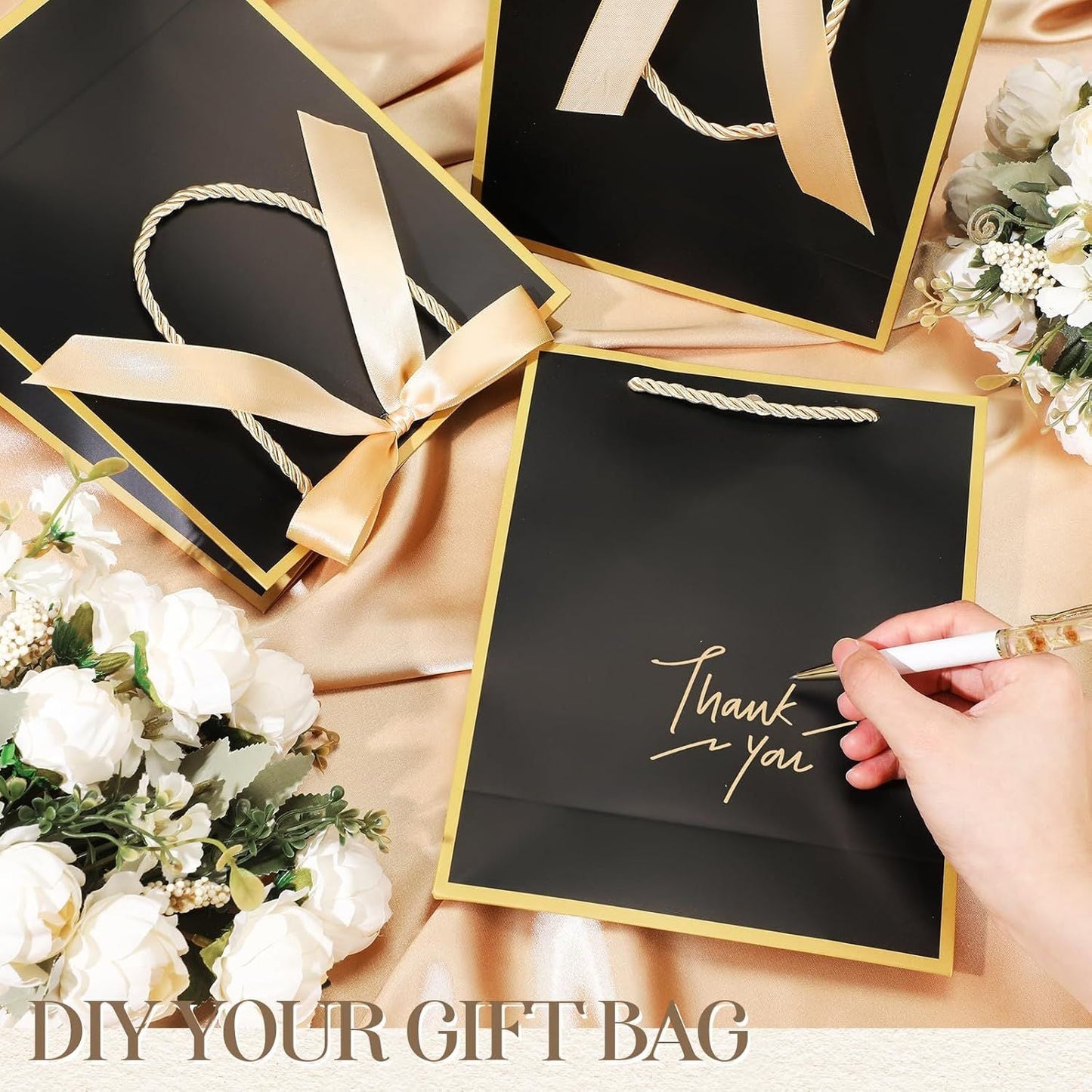 12 Pcs Paper Gift Bags with Handle 9x7x3.15'' Thank You Gift Bags with Bow Ribbon for Holiday Valentines Wedding Bridal Baby Shower Birthday Party