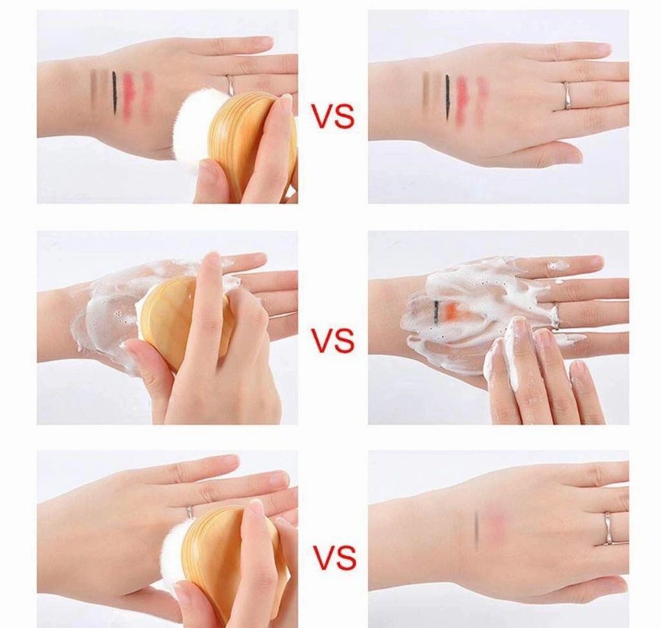 Facial brush comparison panels showing lather on hands and brush.