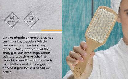 Wooden bristle detangling hair brush with white pins and light wood handle