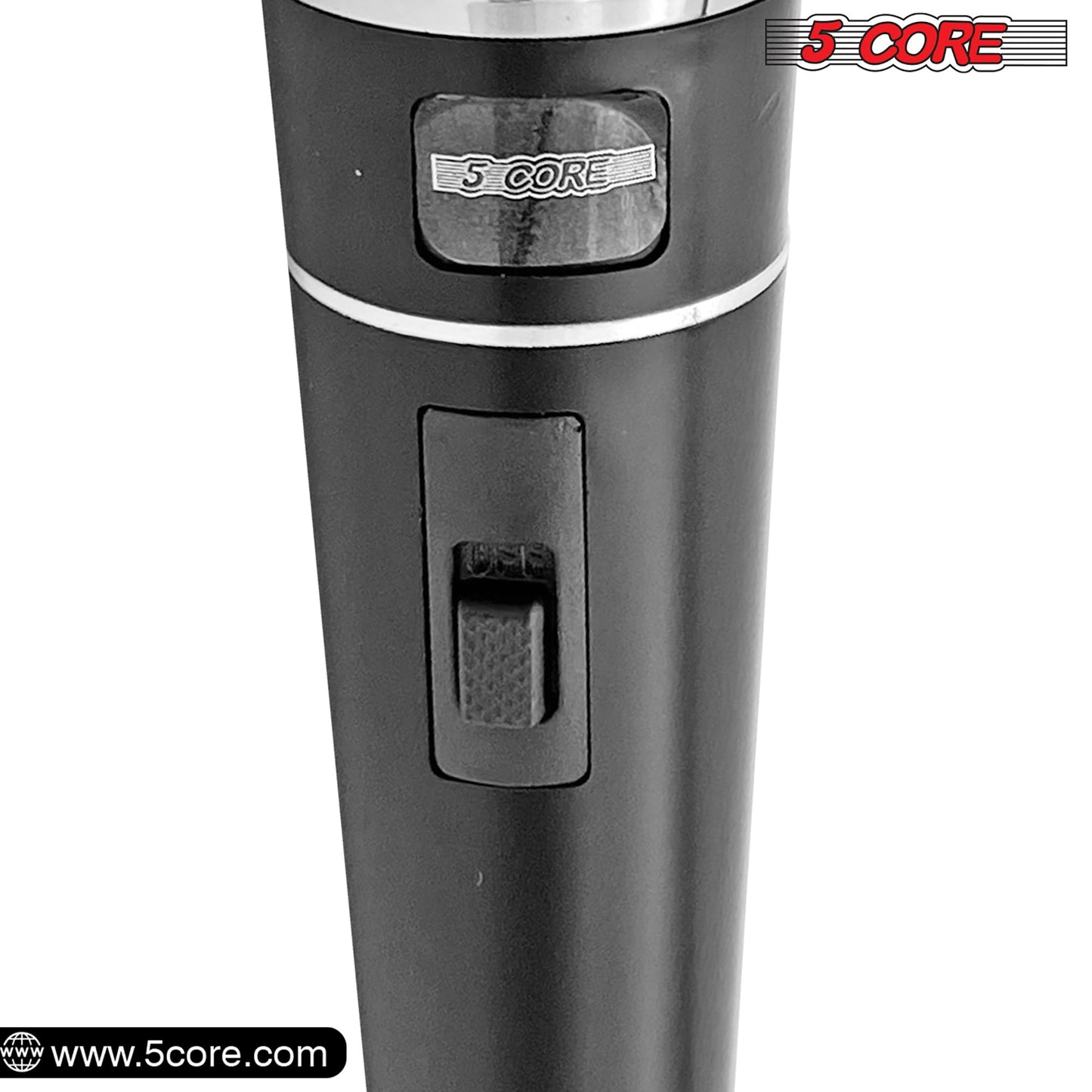 Black handheld dynamic microphone body with on/off switch and grille head