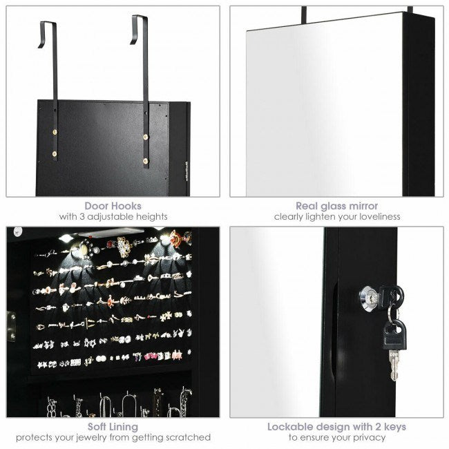 Black hinged jewelry cabinet panels with door hooks and real glass mirror