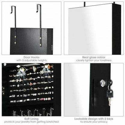 Black hinged jewelry cabinet panels with door hooks and real glass mirror