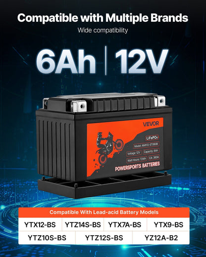 Black 12V LiFePO4 powersports battery, red side panel and two top terminals