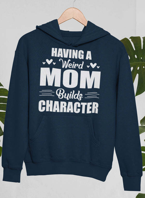 Navy pullover hoodie with hood and 'Mum Builds Character' style text graphic
