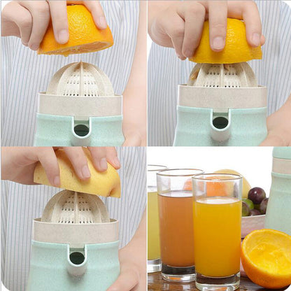 Green citrus juicer showing strainer press and cups filled with juice