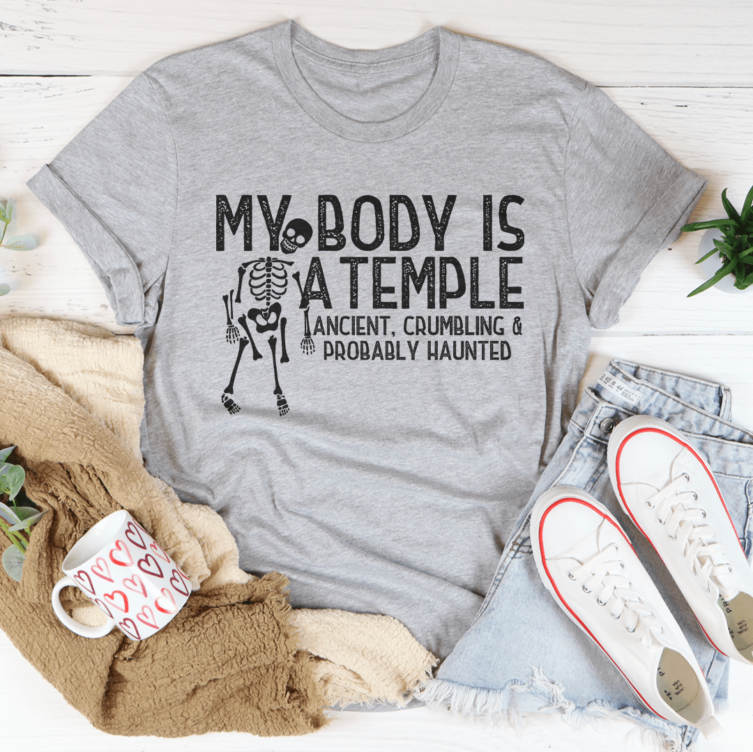 Gray short-sleeve Halloween T-shirt with “My Body Is A Temple” skeleton graphic