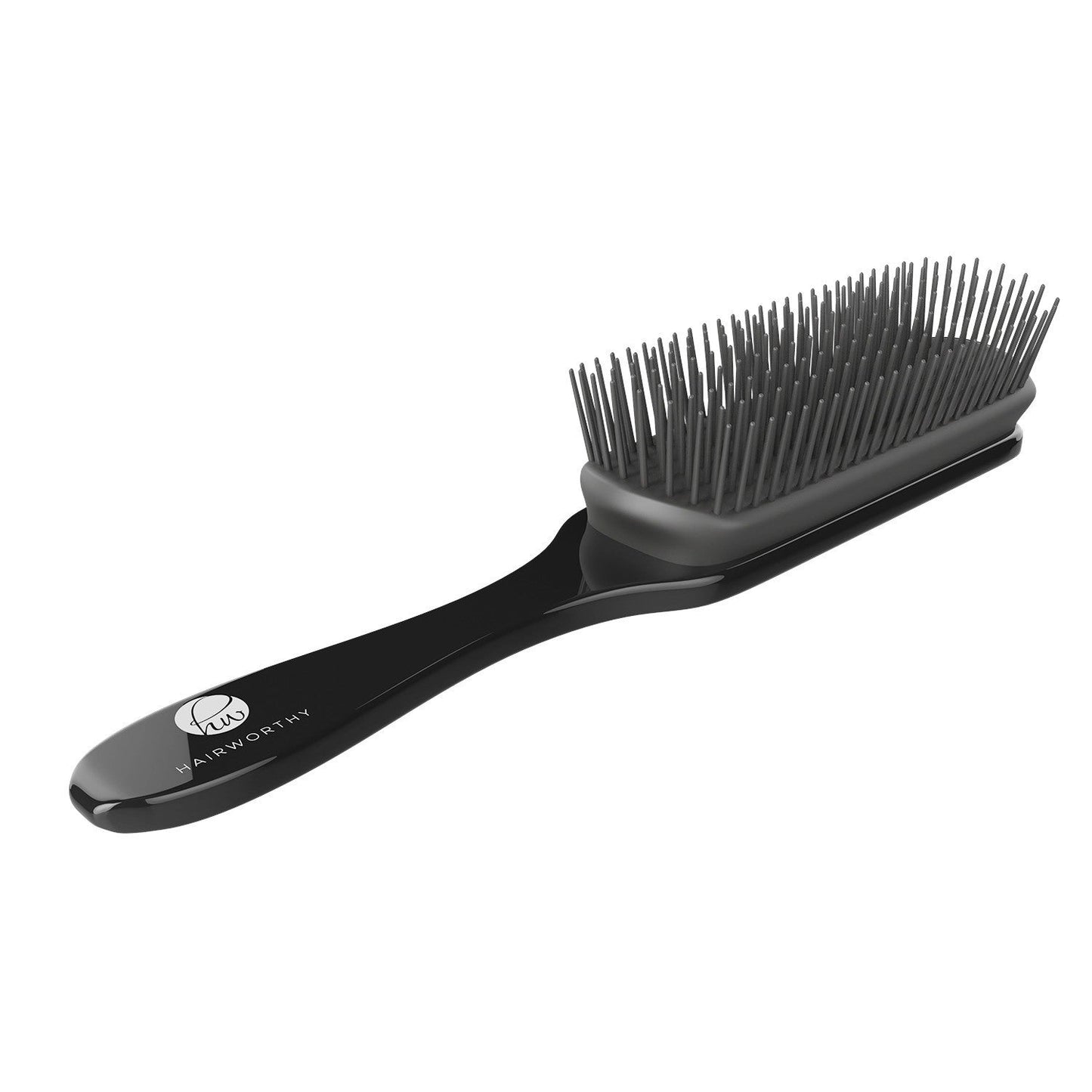 Black hair styling brush with dark bristles and curved handle
