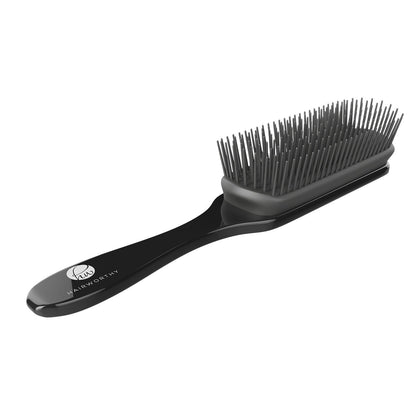 Black hair styling brush with dark bristles and curved handle