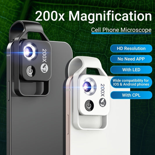 Smartphone microscope macro lens with clip, dark gray body and LED light