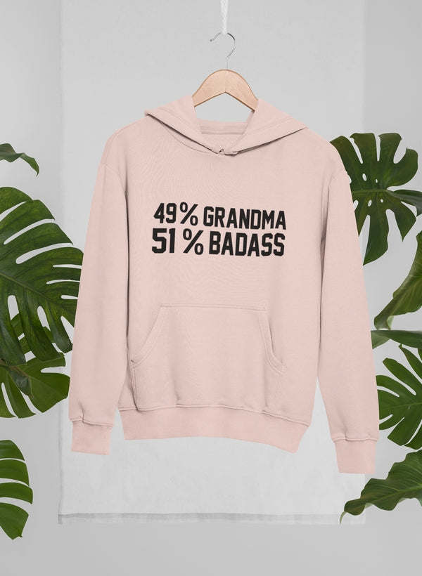 Pink pullover hoodie with 49% Grandma 51% Badass text print and front pocket