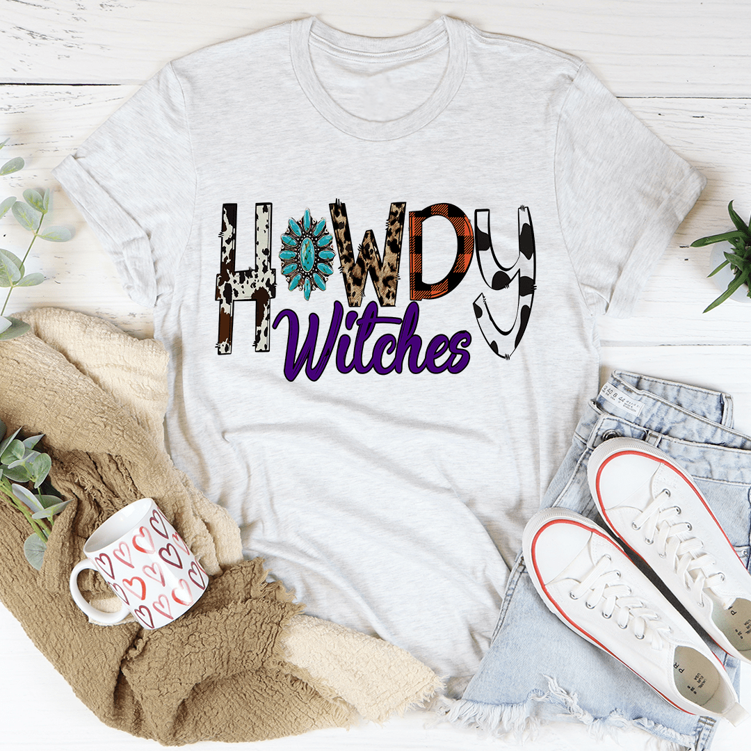 Ash gray crewneck T-shirt with “Howdy Witches” Halloween lettering and icon graphic.