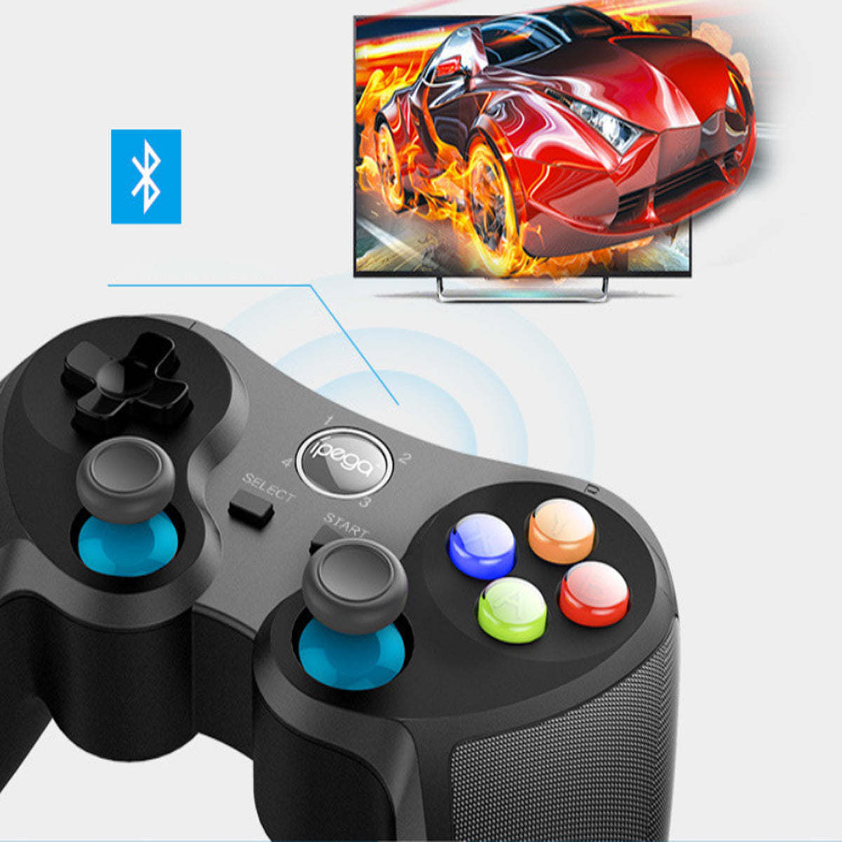 Black ipega game controller with multicolor action buttons and blue illuminated triggers