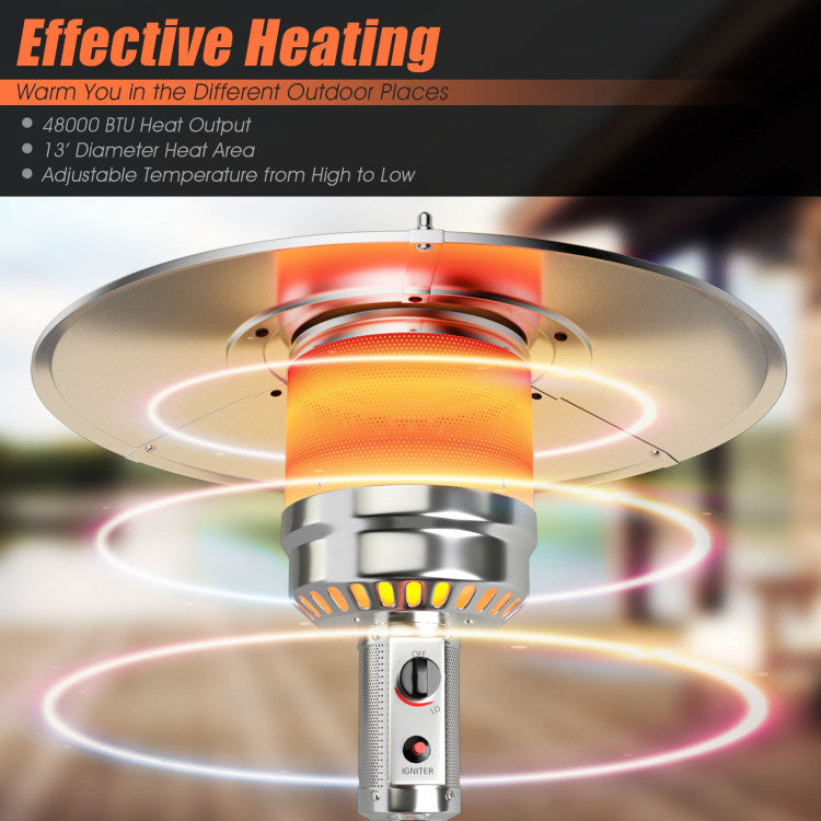 Silver propane heater with large circular reflector and glowing infrared heating area