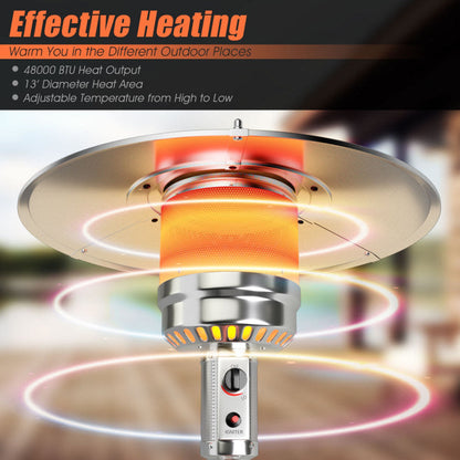 Silver propane heater with large circular reflector and glowing infrared heating area