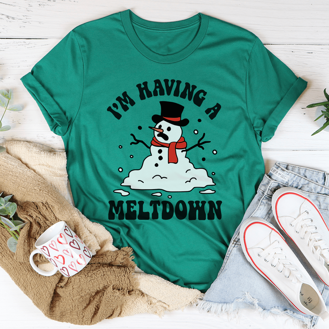 Kelly green T-shirt with snowman graphic and text “I’m Having a Meltdown”