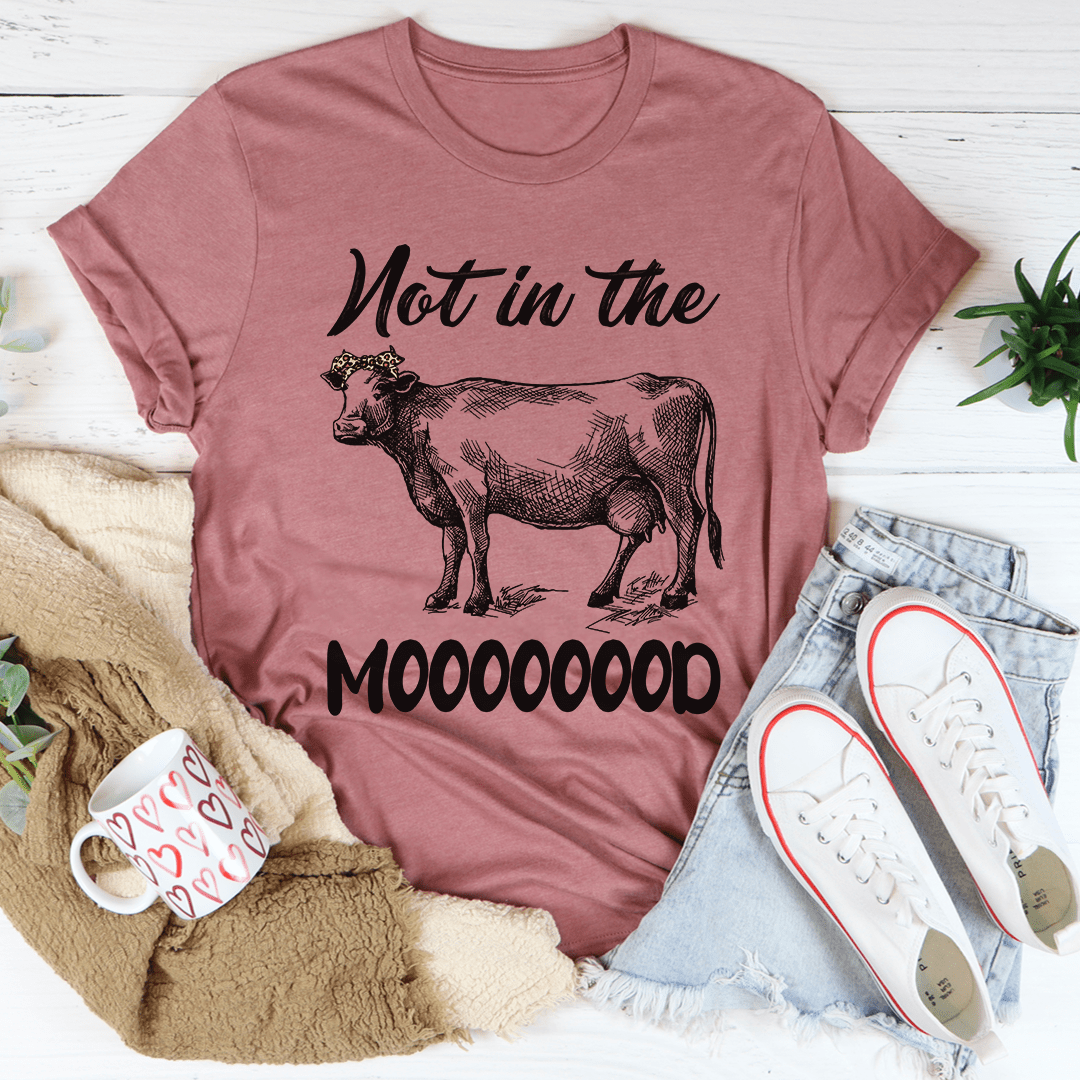 Mauve graphic T-shirt with cow illustration and 'MOOOOOO' text