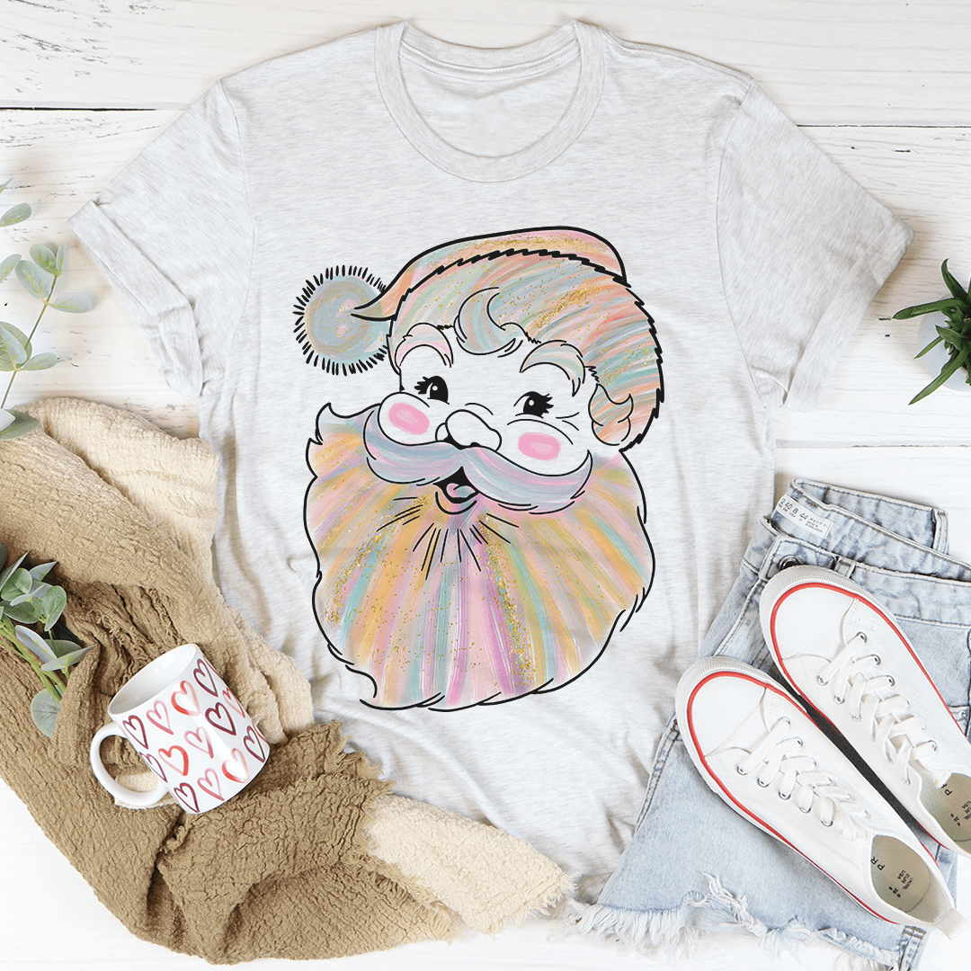 Light gray watercolor Santa T-shirt with smiling face and rainbow beard graphic