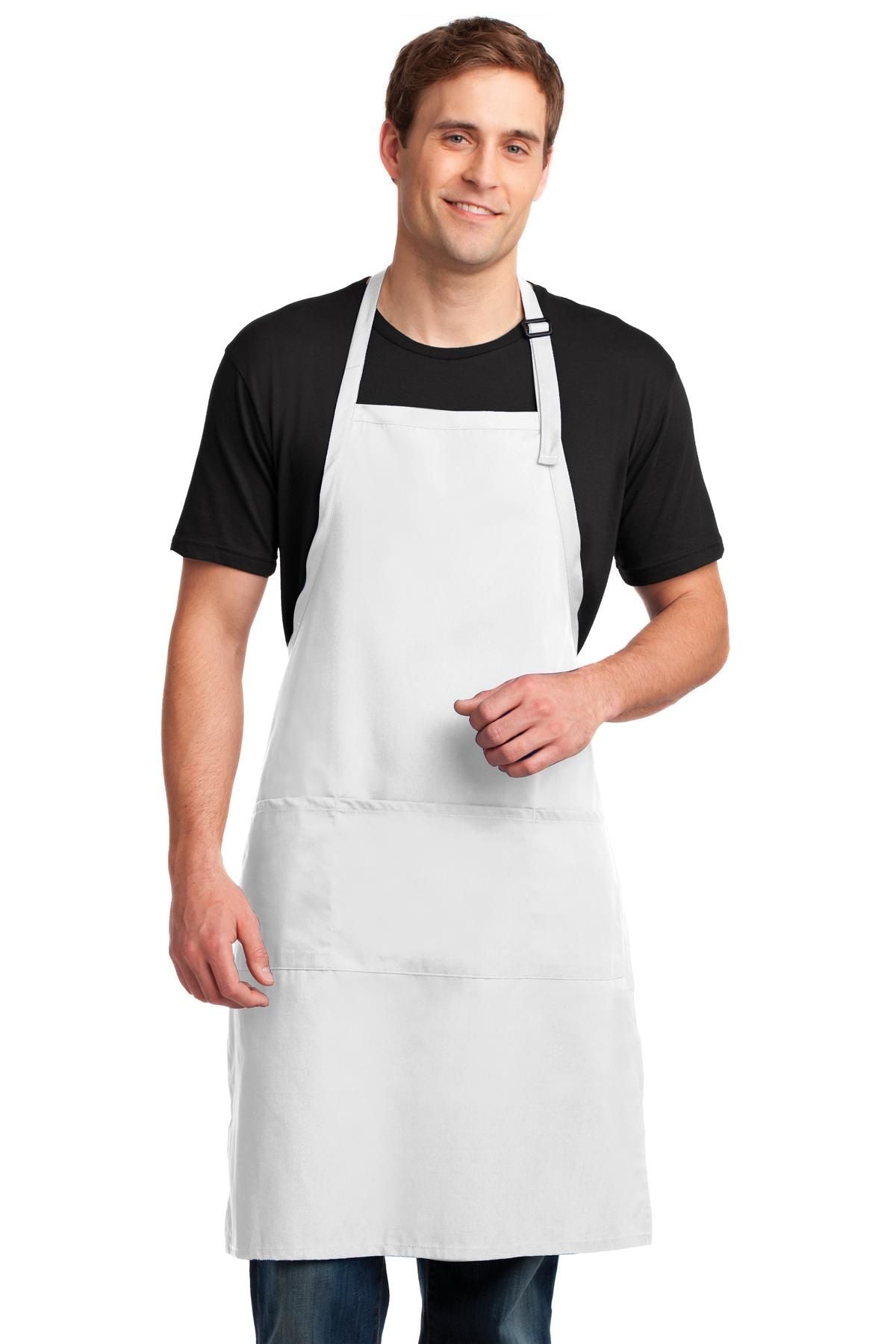 White bib apron with front pocket and adjustable neck strap