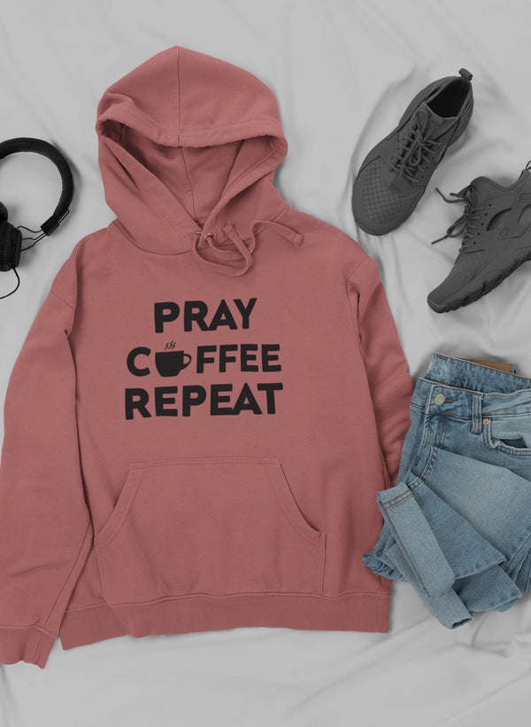 Mauve pullover hoodie with hood and "PRAY COFFEE REPEAT" front graphic