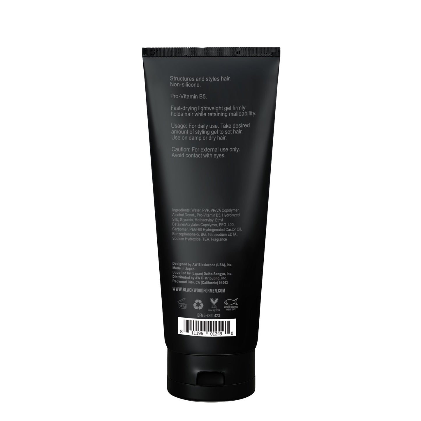 Blackwood hair sculpting gel tube, back label with ingredients and barcode