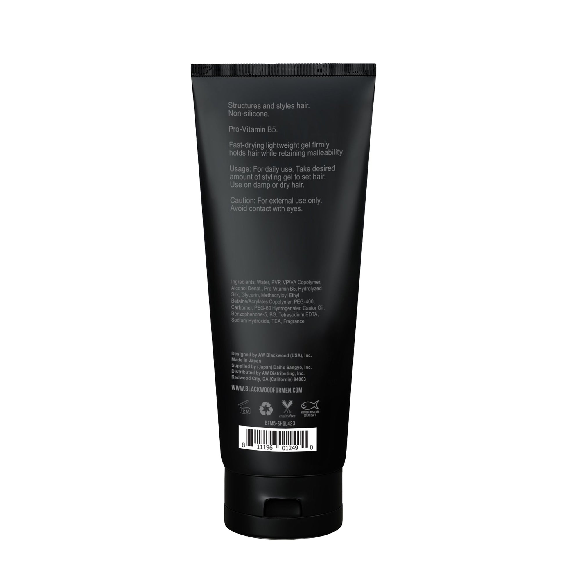 Blackwood hair sculpting gel tube, back label with ingredients and barcode