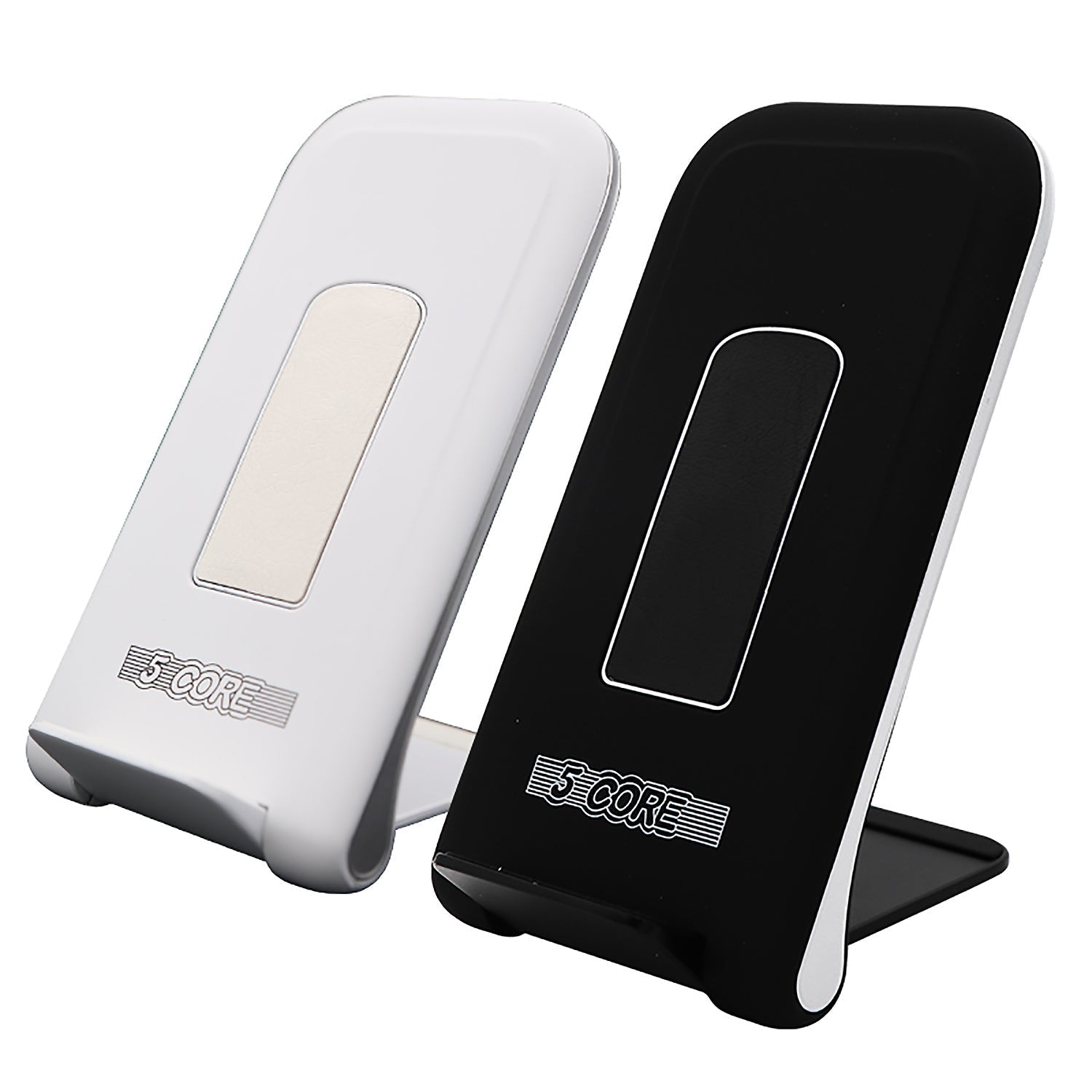 Dual wireless charger stand pair, white and black with rectangular charging pads