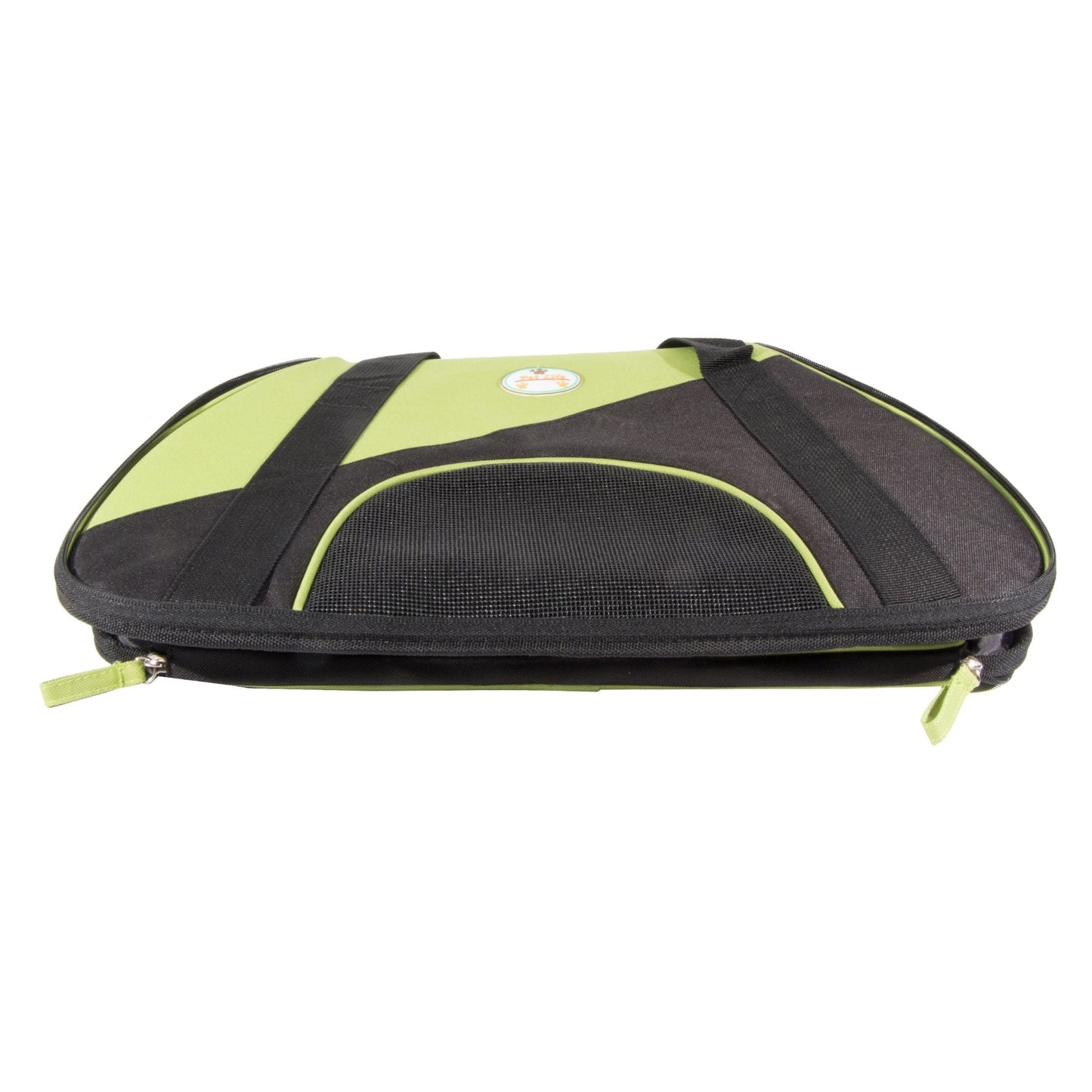 Airline-approved pet carrier, lime green and black, with front mesh panel and zipper
