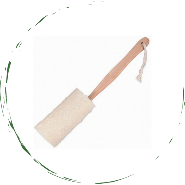 Natural loofah bath brush with rectangular scrub pad and wooden handle
