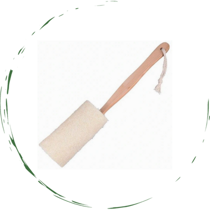 Natural loofah bath brush with rectangular scrub pad and wooden handle