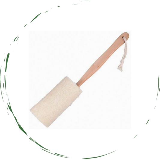Natural loofah bath brush with rectangular scrub pad and wooden handle