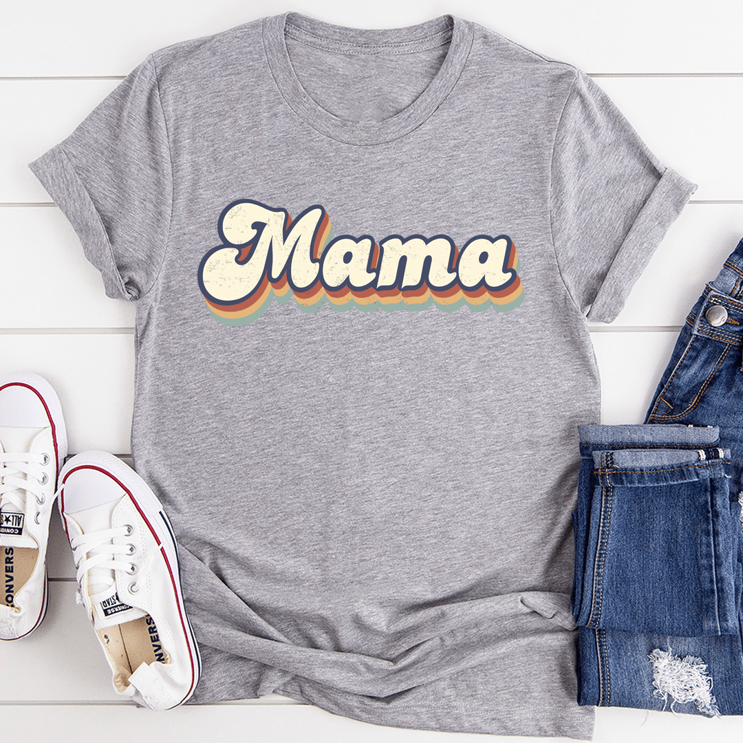 Heather gray Mama retro T-shirt featuring a colorful “Mama” front logo