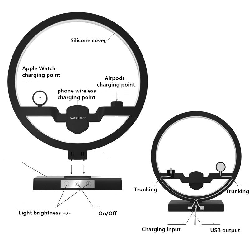 Wireless charger stand diagram showing phone, watch, and earbuds charging points