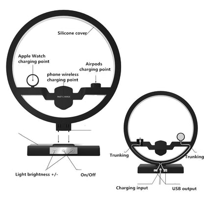 Wireless charger stand diagram showing phone, watch, and earbuds charging points
