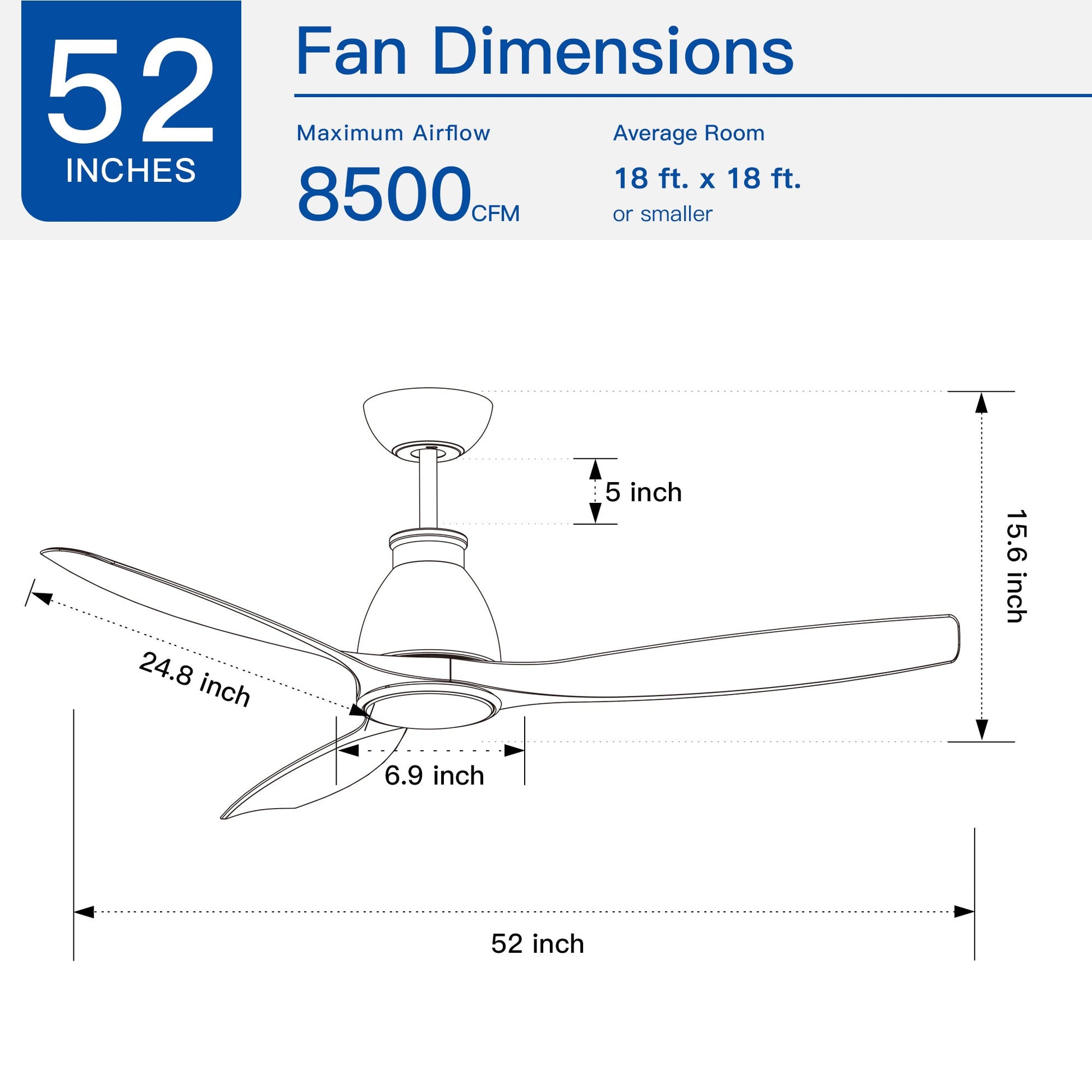 Ceiling fan dimensions diagram showing 52-inch blade span and overall height