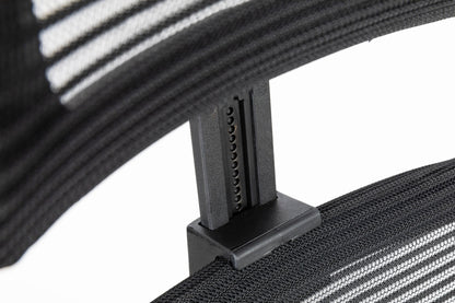 Black office chair close-up of armrest support over mesh back panel
