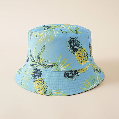 Light blue pineapple tropical print fisherman bucket hat with wide brim