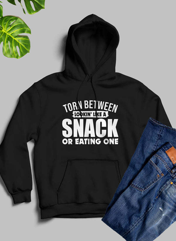 Black hoodie with front pouch pocket and 'SNACK' graphic