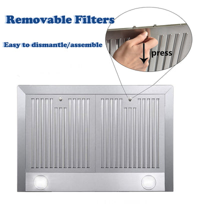 Range hood vent filter with removable panels and two control buttons at bottom