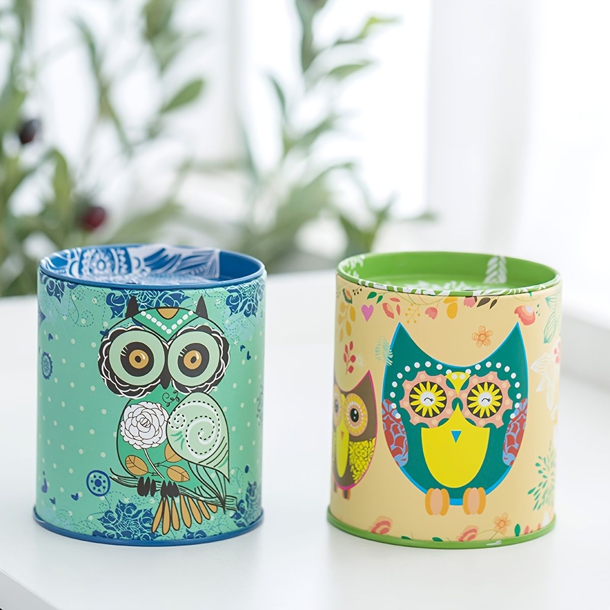 1pc Cartoon Owl Houndstooth Iron Material Round Storage Tank Money Bank
