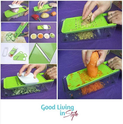 Green 4-in-1 veggie slicer in use: grating plate, container, and hands adding vegetables