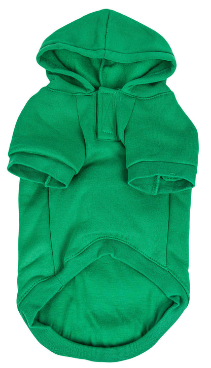 Green hooded pet sweater, front view with hood and kangaroo pocket detail